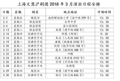 2018年3月上海文慧沪剧团、上海宝山沪剧团演出日程安排