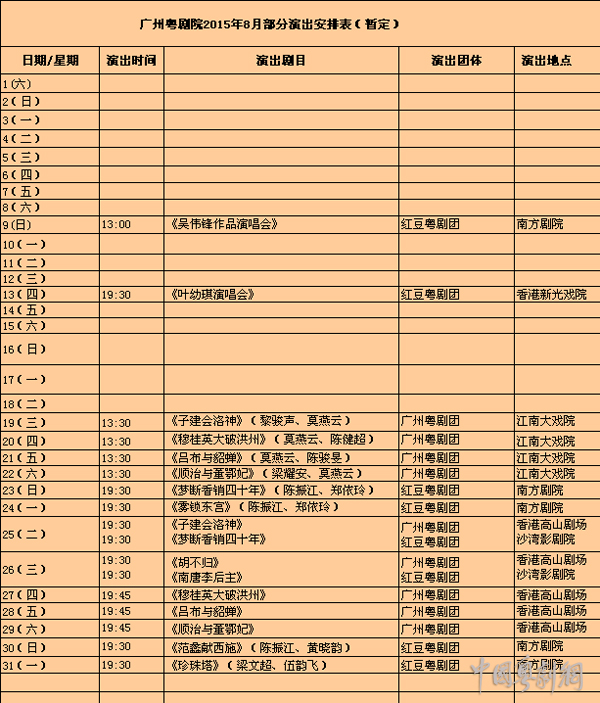 【演出资讯】广州粤剧院2015年8月部分演出安排表